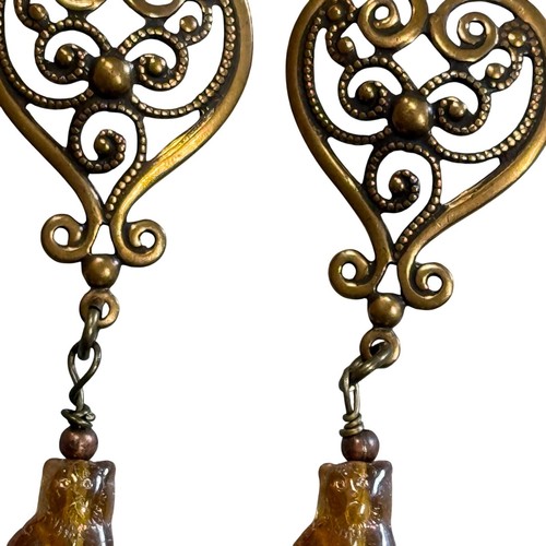 Vintage Heart Dangle Earrings Amber Cat Charm Gold Bronze Tone Bohemian Jewelry - Picture 3 of 5