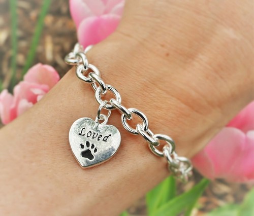 Paw Print Loved Charm Bracelet Silver Dog Cat Pet Loss Memorial Gift Paws Chain - Picture 11 of 12