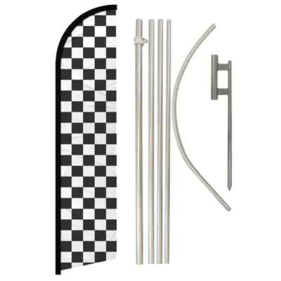 Black & White Windless Full Curve Advertising Checkered Banner Flag & Pole Kit