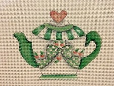 Hand Painted Needlepoint Canvas 18 Ct. LOT OF 3 GREEN  WHITE TEAPOT W/ BOW