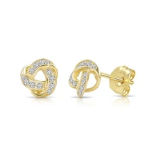 14K Real Solid Gold Dainty Love Knot Pave CZ Sleeper Stud Earrings Push-back