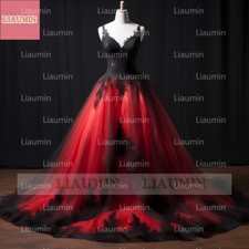 Red Tulle Black Lace Applique With Strap Full Length Wedding Formal Prom Dress