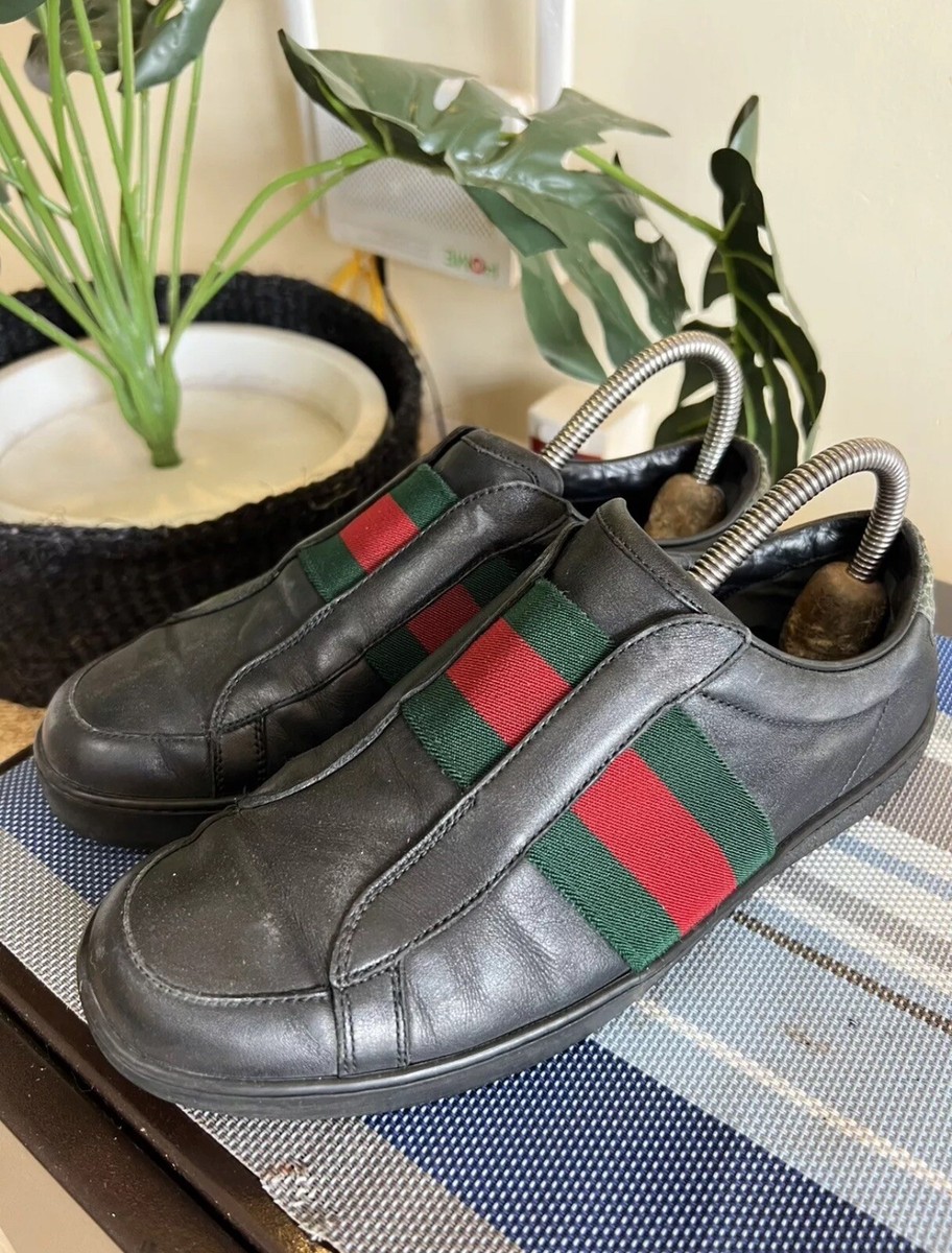 Gucci Black 322749 Men's Leather Slip-on with Web Sneakers US 6 | eBay