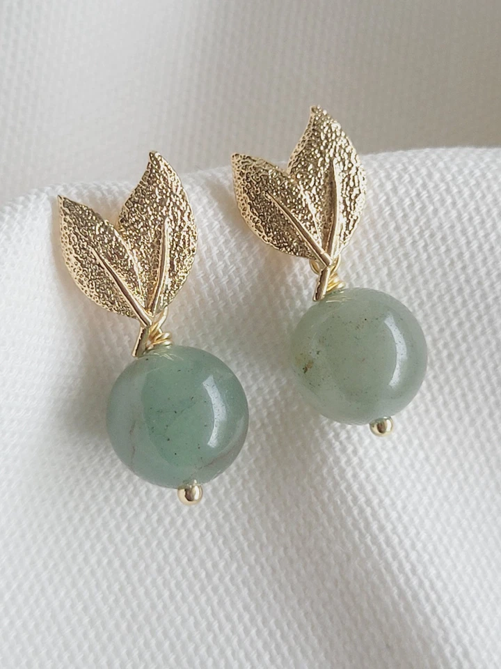 Aventurin Edelstein Hängeohrringe, Vergoldete Ohrhänger 10 mm Runde Perlen - Bild 2 von 4