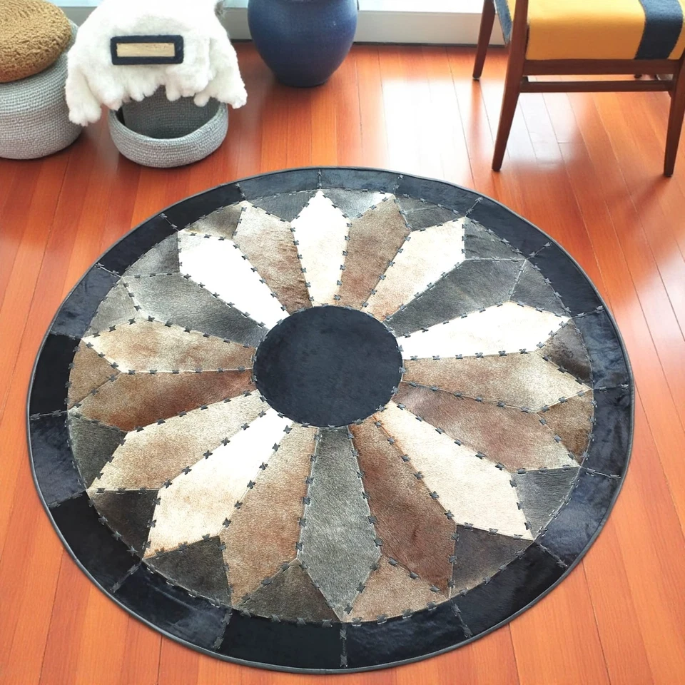 Tapete redondo de retalhos de couro natural/tapete de couro feito à mão/tapete moderno rústico - Imagem 2 de 4