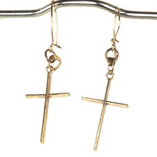 14K Solid Gold Christian Cross Earring, Ear Wire Dangling Earrings, 1.5 Inches