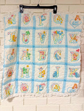 Care Bears Baby Blanket Play Mat Alphabet Eyelet Lace Trim 28 x 27" handmade VTG