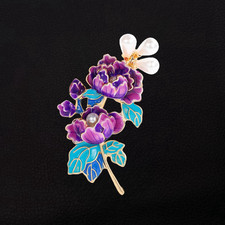 Women's Purple Blue Enamel Faux Pearl Peony Flower Brooch Pin