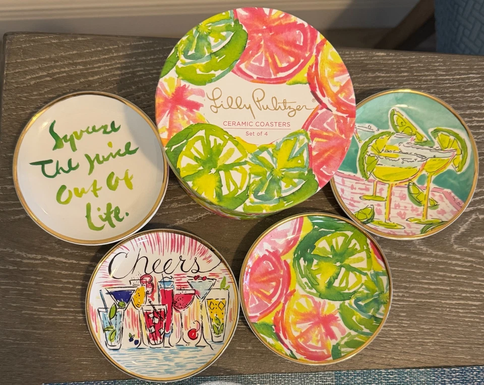 Juego de 4 posavasos Lilly Pulitzer ¡Saludos! Nuevo En Caja ¡Gran Regalo! ¡Festivo y divertido! Foto 2 de 3