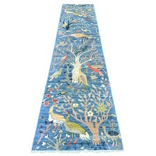2'7"x11'9" Blue Birds of Paradise Design Hand Knotted Soft Wool Runner Rug 21634