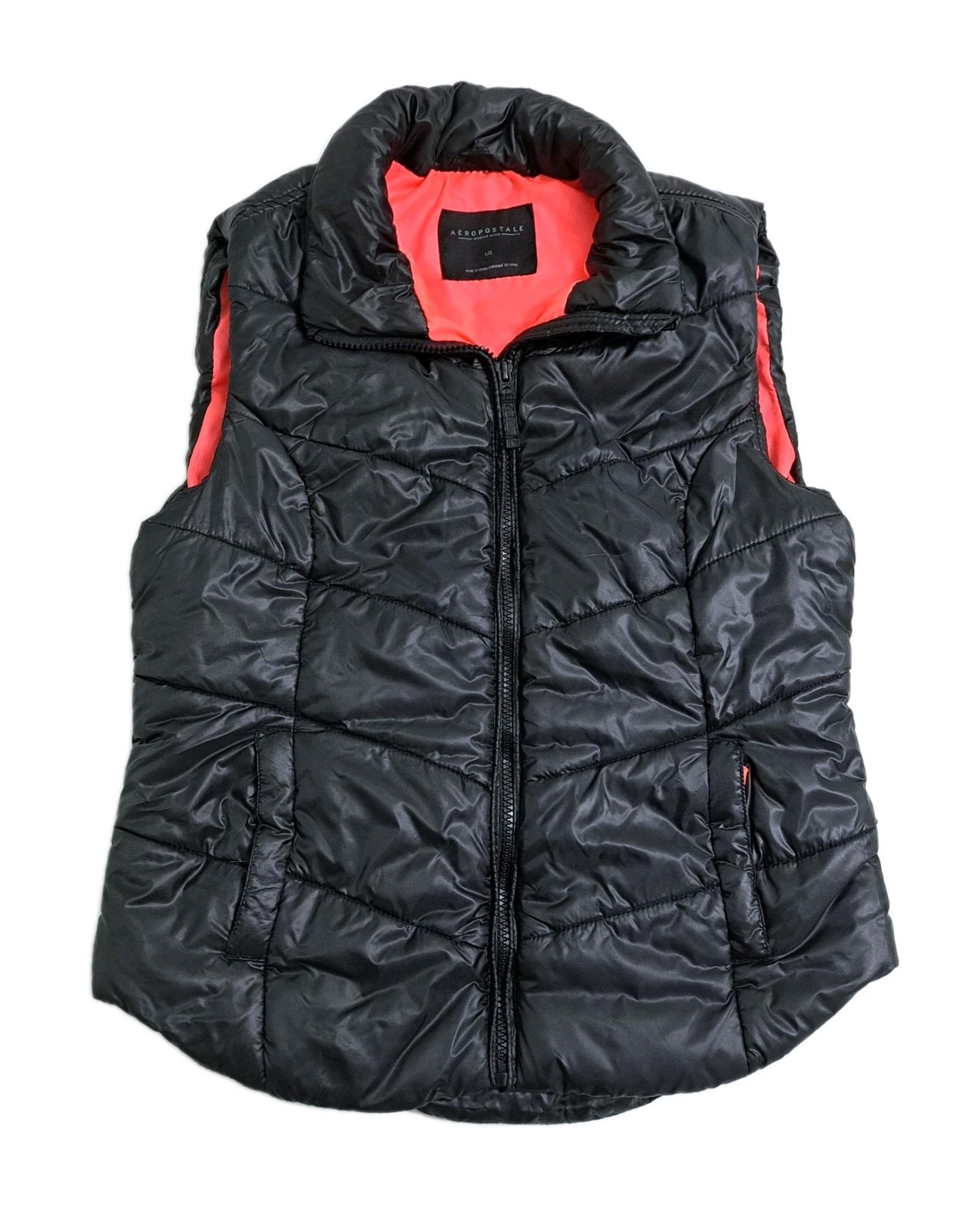 Aeropostale Women's Large Quilted Puffer Black Shiny Vest Ja