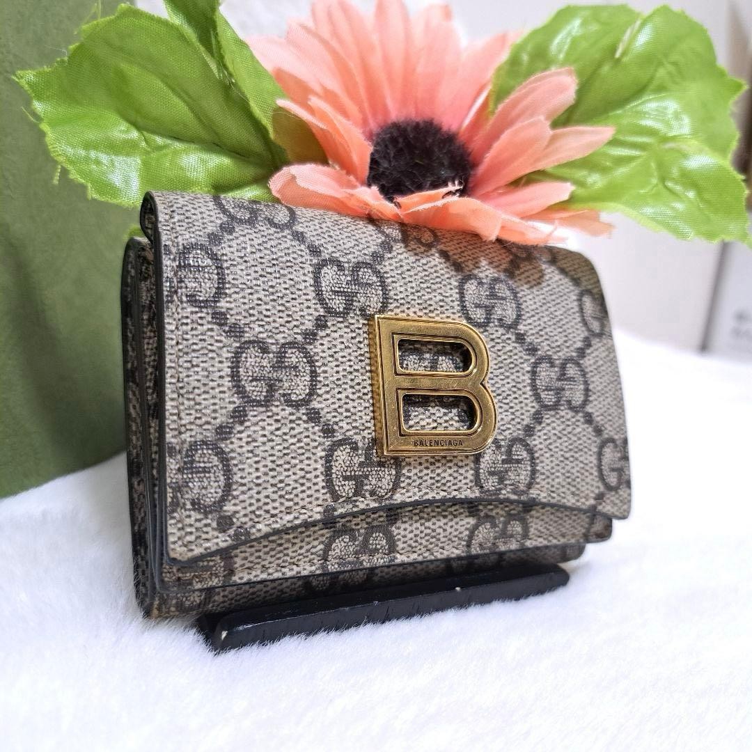 Gucci Balenciaga Tri Fold Wallet 7x9.5 cm Beige Gold PVC Rare The Hacker