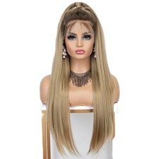 Long Straight Brown Blonde Lace Frontal Wigs Synthetic Hair Heat Resistant