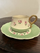 Miniature Rose Crown Bone China Cup and Saucer Pink Green Floral Demitasse