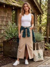VTG Eddie Bauer Tan Denim Maxi Skirt Size 6 Front Split Granola Fisherman