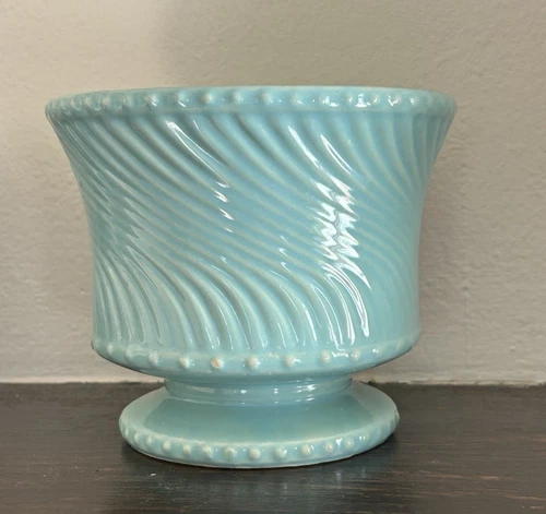 Vintage 1960s McCoy Pottery Aqua Swirl Round Footed 6" Jardiniere Planter EUC