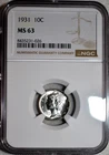 NGC MS-63 1931-P Mercury Dime, Cartwheeling, Blast-White specimen.