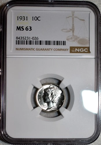NGC MS-63 1931-P Mercury Dime, Cartwheeling, Blast-White specimen.
