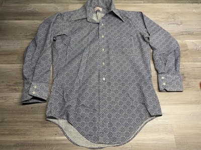 Vintage 70s Arrow Getaway Dagger Collar Geometric Disco Shirt Mens 15.5 Blue
