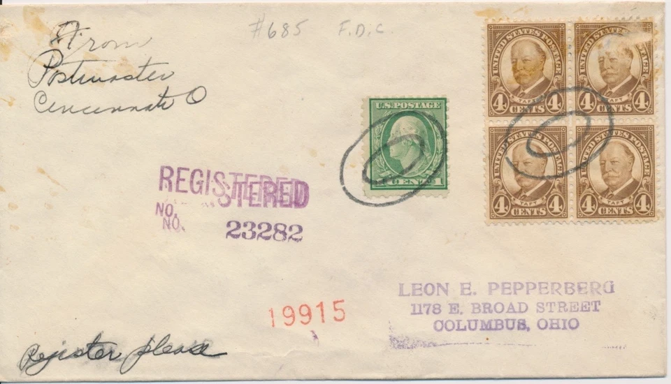 #685 Block of 4 4c William H. Taft combo Registered First Day cover Cincinnati - Image 2 of 2