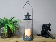 Tall Antique Black Metal Lantern Candle Holder Rustic Glass Hurricane Lamp