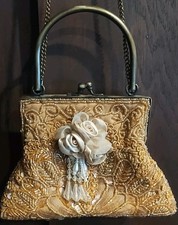 Gold Floral Beaded Sequin Purse Evening Wedding Kiss Clasp Vintage Handbag Clean