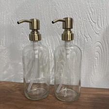 Two 16 Oz Pump Dispensers. Clear Glass With Silver Pumps. Nice, Never Used.