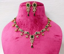 Green CZ Necklace Emerald Choker Earrings Gold Plated Wedding Women Bridal Set