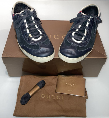 GUCCI AUTH VINTAGE RE-WEB LOW TOP LEATHER/SUEDE NAVY/WHITE SNEAKER US 9 VGOOD!!