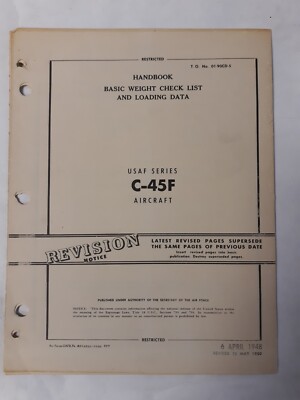 Beech Series C-45F Aircraft Basic Weight Checklist & Loading Data Original