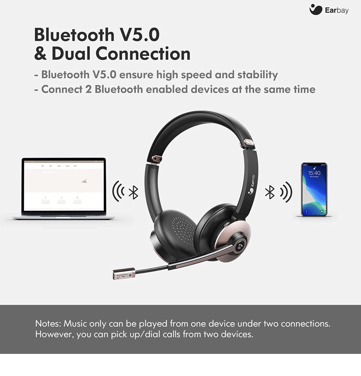 Earbay Bluetooth Headset, Wireless Headphones with Microphone BT782