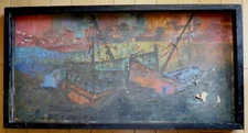 MYSTERY OLD ART - NEEDS RESTORATION, MODERN SEMI ABSTRACTION BOATS COLORFUL OIL