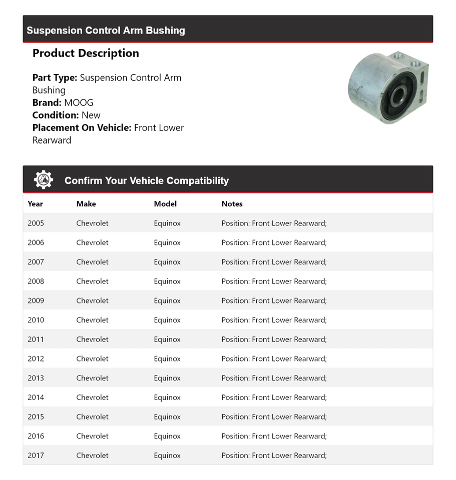 For 2005-2017 Chevrolet Equinox Suspension Control Arm Bushing MOOG 2005 2006 - Image 2 of 4