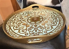 Peruvian Style Gold Wood Double Handled Glass Bottom Ornate Serving Tray 15"
