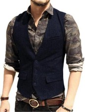 Men's Tweed Vest Vintage Cowboy Herringbone Groom Waistcoat Worwear Vest