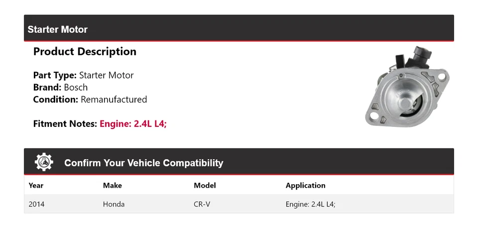 Arranque Bosch para Honda CR-V 2014 2,4 L L4 (remanufacturado) Foto 2 de 4