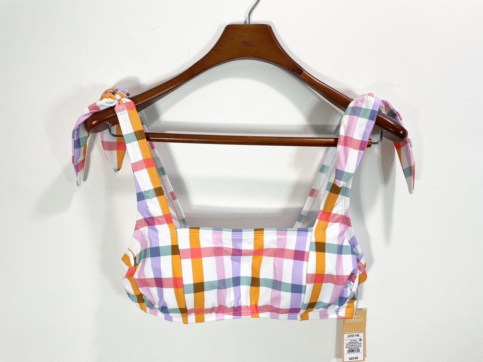 Plaid Shoulder Tie Bralette Bikini Top in Multicolor Large 12-14 by Kona Sol-image