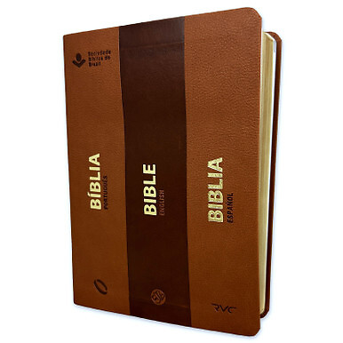 Biblia Trilingue Espanol Ingles Portugues RVC/ESV/NAA imitacion piel marron