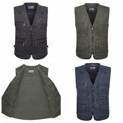 Mens Cotton Outdoor Gilets Vest Multi Pockets Sleeveless Jacket Tops Waistcoat Outerwear Sports Jacket