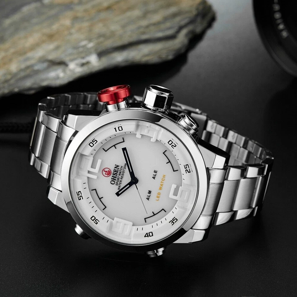 OHSEN Men Quartz Watch Silver Steel Stainless Strap Dual Time Digital Wristwatch - image 2 of 4