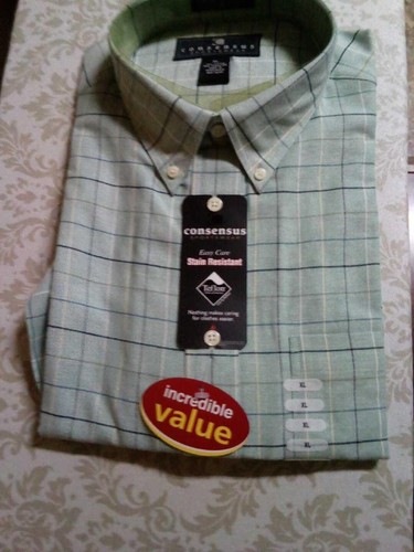 NWT Men's XL CONSENSUS Short Sleeve Shirt Green Plaid Wrinkle & Stain Resistance - Picture 2 of 6