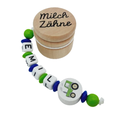 FRAU ELSE Milchzahndose mit Namen Geschenk Geburtstag Junge Traktor Trecker grün blau Holz