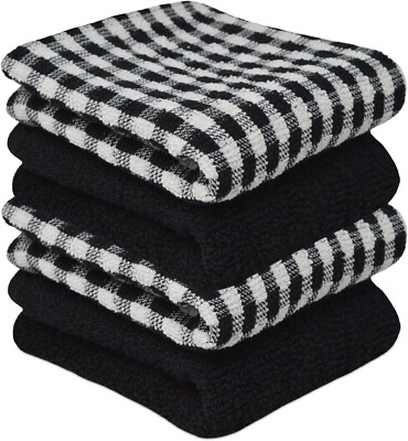 4er Pack Schwarz Küche T-Handtuch Set Monocheck 100% Baumwolle Mehrzweck Geschirrtücher