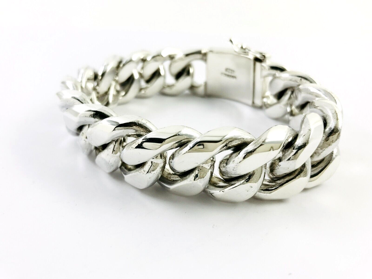 Very Heavy Taxco Mexico 925 Sterling Silver Curb Chain Bracelet