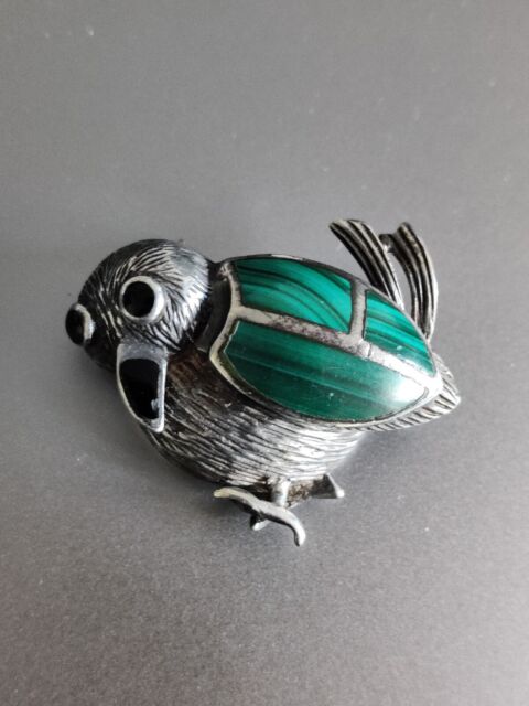 Vintage Modernist Bird Pin Brooch Onyx Malachite Sterling Silver Signed