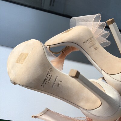 JIMMY CHOO Aveline 100 Asymmetric Grosgrain Mesh Bow Nude Sandals