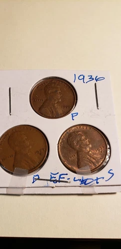 SET OF 3 1936 LINCOLN WHEAT PENNIES EXTREMELY FINE  P, D AND S
