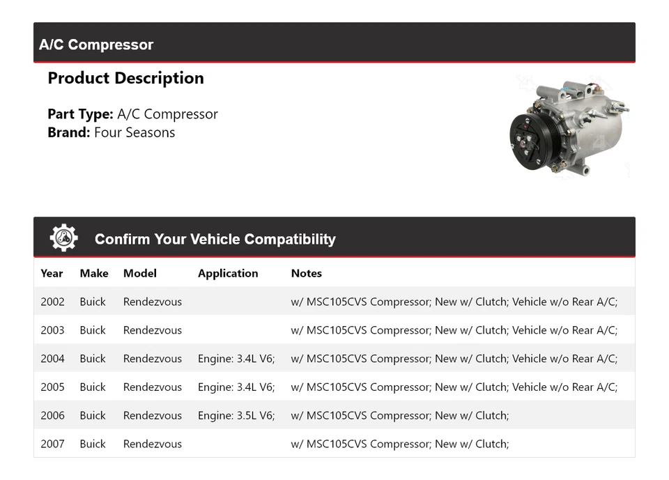 Compresor de aire acondicionado Buick Rendezvous 2002-2007 4 estaciones 2003 2004 2005 2006 Foto 2 de 4