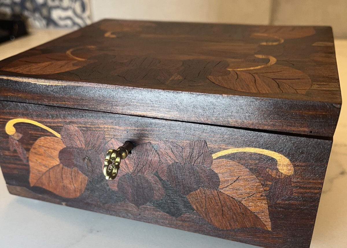 antique vintage wood marquetry box