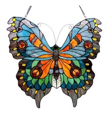 Stained Glass Window Panel 21" T x 20" W Colorful Tiffany Style Butterfly Design